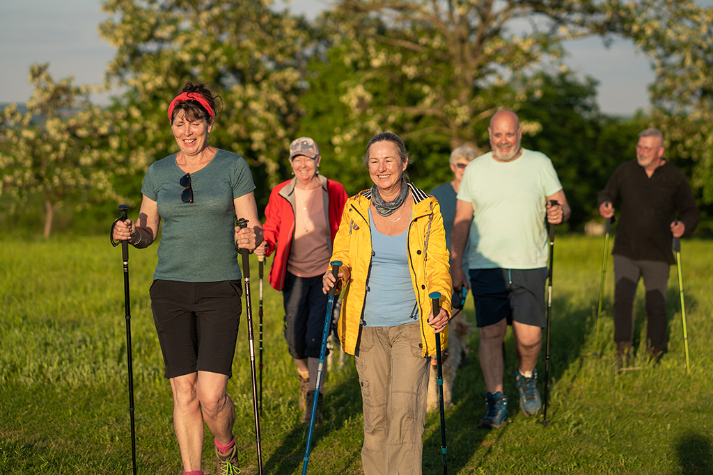Mehrere Personen unterschiedlichen Alters walken auf einem Weg.