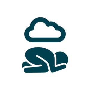 Icon einer am Boden hockenden Person, die den Kopf zwischen den Armen hält. Eine Wolke schwebt über dem Köper.