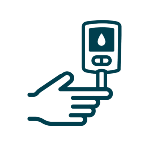 title|Icon einer Hand, die ein Blutzuckermessgerät mit einem Teststreifen hält